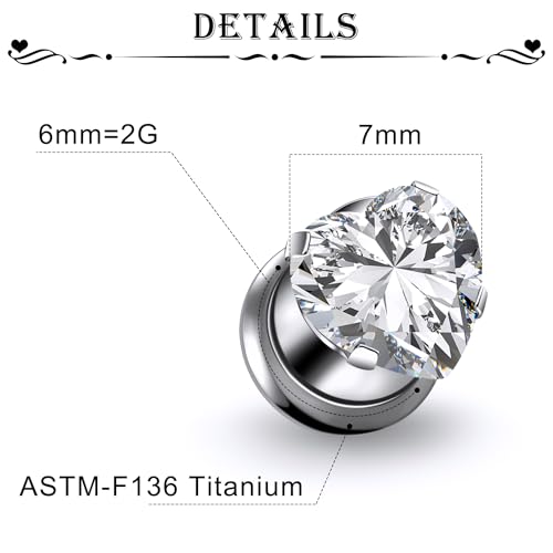 Astm F136 Titanium Heart CZ Ear Gauges Screw Fit Flesh Tunnels Plugs Gauges Earring Expander Stretcher Ear Tunnels For Ears 10G 8G 6G 4G 2G 0G 00G Plug Earrings Piercing Jewelry For Women Men - color: 2G Gauges