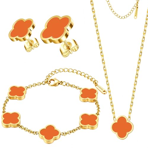 Clover Jewelry Set 3 PC - 18K Gold Plated Stainless Steel Y Necklace Four Leaf Pendant, Clover Bracelet Charm, 4leaf Earrings, Hypoallergenic Non-Tarnish, Lucky Jewelry Gifts for Women Mom - color: Orange/Gold