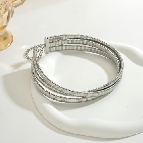 Badu Chunky Gold Stainless Steel Choker Necklace For Women Stretch Snake Shain Non Tarnish Gold Triple Necklace - color: Silver