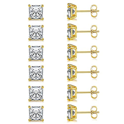 Stud Earring Set for Women Men 18K Yellow/White Gold Plated Princess Cut 4 Prong Graduated Square Clear Cubic Zirconia Pakc of 6 Pairs 3-7mm - color: Yellow gold-6mm-6 pairs
