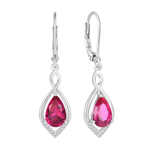 Infinity Teardrop Earrings 925 Sterling Silver Dangle Drop Leverback Earrings Birthstone Jewelry for Women - color: Red