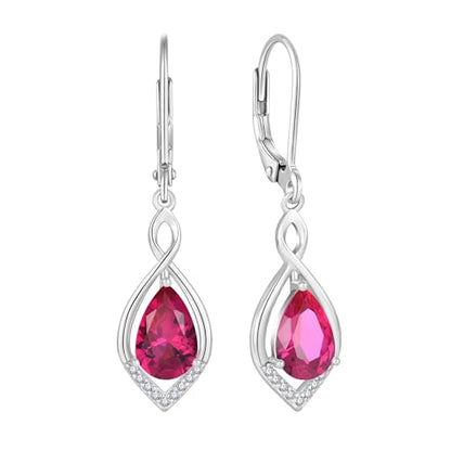 Infinity Teardrop Earrings 925 Sterling Silver Dangle Drop Leverback Earrings Birthstone Jewelry for Women - color: Red