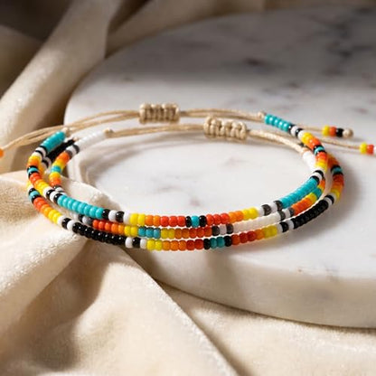 Seed Beaded String Rope Adjustable Bracelets Set for Women Men, Small Colorful Boho Rice 3Pcs Stack Handmade Thin Jewelry, Daily Beach Vacation Friendship Gift - color: Orange Blue F