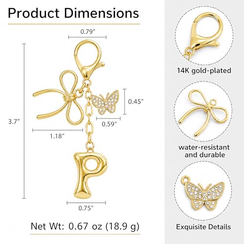 Gold Bubble Heart, Cherry, Bow & More Designs Letter Initial Keychain Bag Charms – Cute Purse Charms for Handbags - color: Bow & Butterfly, style: P