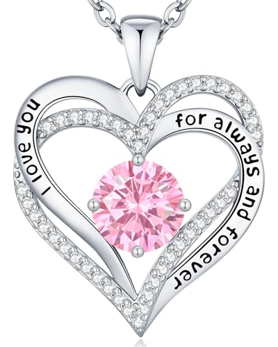 CDE Engraved Forever Love Heart Birthstone Necklace Jewelry Gifts for Women | Hypoallergenic,Nickel-Free & Lead-Free,3 x 3 mm 5A CZ Heart Pendant,Anniversary Christmas Birthday Gift for Girlfriend Wife - color: 10-Oct-WG, style: White Gold Plated