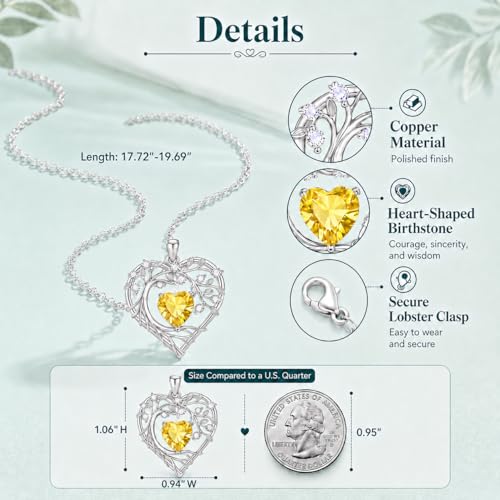 Gamtic Tree of Life Birthstone Pendant Necklace - Heart Cubic Zirconia Diamond Necklace Birth Month Necklaces Birthday Gift for Her Wife Mom Daughter Grandma Girlfriend Anniversary Jewelry Gift - style: November