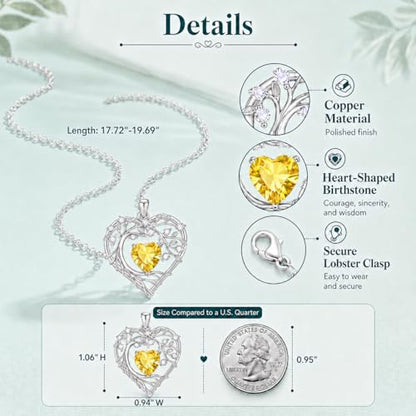 Gamtic Tree of Life Birthstone Pendant Necklace - Heart Cubic Zirconia Diamond Necklace Birth Month Necklaces Birthday Gift for Her Wife Mom Daughter Grandma Girlfriend Anniversary Jewelry Gift - style: November