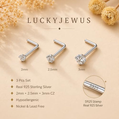 LUCKYJEWUS 3Pcs 925 Sterling Silver Nose Rings Studs Set, 18G/20G/22G L Shaped CZ Diamond Nose Studs for Women & Men, 2mm 2.5mm 3mm Hypoallergenic Nose Piercing Jewelry - size: 3pcs - 22G