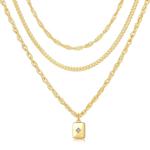 YEEZII Layered Gold Necklaces for Women Trendy, 3 Pcs 14K Gold Plated Choker Paperclip Box Chain Necklace, Stackable Women's Gold Pendant Necklaces Jewelry Set - color: Yellow Gold