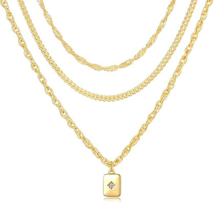 YEEZII Layered Gold Necklaces for Women Trendy, 3 Pcs 14K Gold Plated Choker Paperclip Box Chain Necklace, Stackable Women's Gold Pendant Necklaces Jewelry Set - color: Yellow Gold