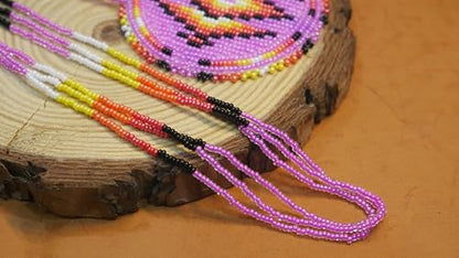 Handmade Native American Style Tribal ethnic Seed Bead Beaded Layered Medallion Necklace - color: Pink Geometric