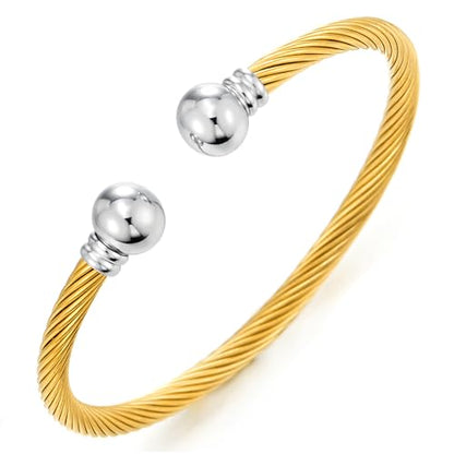 COOLSTEELANDBEYOND Elastic Adjustable Stainless Steel Cuff Bangle Bracelet for Mens Womens - color: H-Metal Color: Gold & Silver