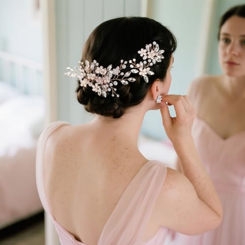 Wedding Hair Accessories Crystal bridal hair pins Rhinestone Pearl hair comb Brides and Bridesmaids, Girls, Women(Rose Golden) - color: Rose Golden