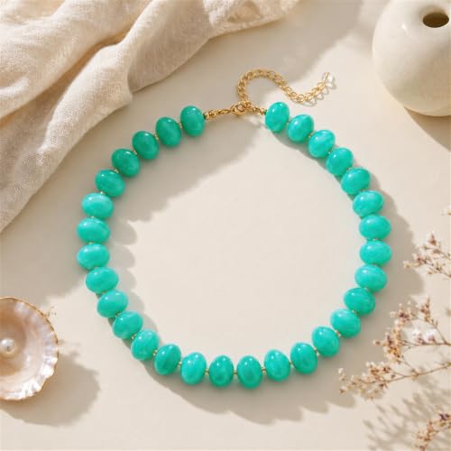 Colorful Chunky Beaded Necklaces for Women Multicolor Large Round Resin Beads Collar Necklace Boho Trendy Statement Chokers Y2K Summer Beach Jewelry - color: Aqua Teal-Oval