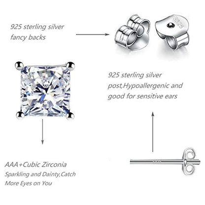 925 Sterling Silver Stud Earrings, 4 Pairs Square Cubic Zirconia Stud Earrings Set for Women Men 3 4 5 6mm - color: C-Silver 4/5/6/7mm