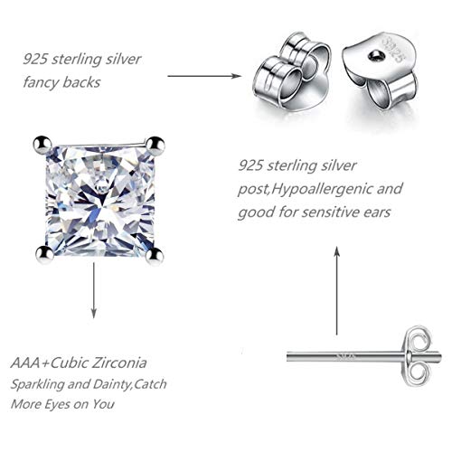 925 Sterling Silver Stud Earrings, 4 Pairs Square Cubic Zirconia Stud Earrings Set for Women Men 3 4 5 6mm - color: D-Silver 2/3/4/5mm