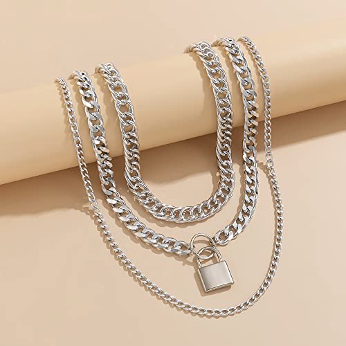 Jumwrit Chunky Chain Necklace Punk Layered Choker Necklaces Cuban Link Chain Necklace with Lock Pendant Necklace Statement Necklace for Women and Girls - color: Silver