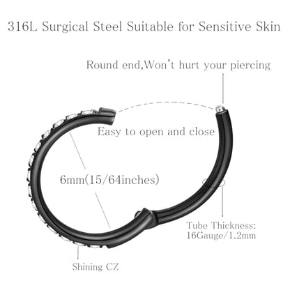 ORANGELOVE 20G 18G 16G Clear CZ Nose Ring Hoop 316L Surgical Steel Seamless Silver Septum Ring Clicker Jewelry Cartilage Earring Ear Piercing Hoop Earrings for Women Men Helix Rook Lobe Conch Tragus Daith Lip Hinged Piercing Jewelry with Cubic Zirconia -