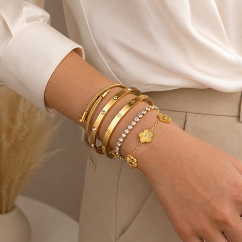 18K Gold Plated Love Bangle Bracelet Stack for Women, Adjustable Clover Bracelet & CZ Tennis Chain Set, Stackable Layered Jewelry, Fade Resistant, Long-Lasting Luster for Daily Wear & Gift - color: 5Pcs Gold