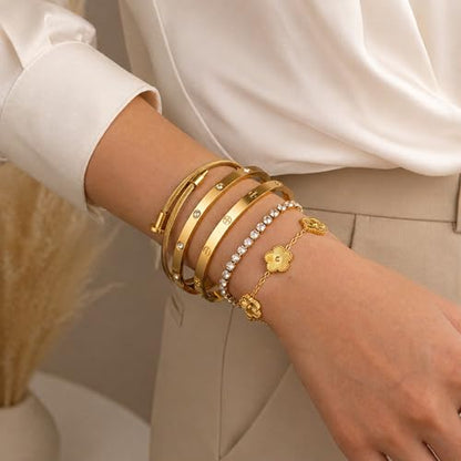 18K Gold Plated Love Bangle Bracelet Stack for Women, Adjustable Clover Bracelet & CZ Tennis Chain Set, Stackable Layered Jewelry, Fade Resistant, Long-Lasting Luster for Daily Wear & Gift - color: 5Pcs Gold