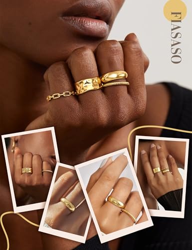 FIASASO Chunky Gold Rings for Women Non Tarnish - 4Pcs 14K Gold Plated Dainty Stackable Ring Set Trendy Hypoallergenic Thick Dome Statement Finger Knuckle Rings Pack Size 5-10 - color: Gold