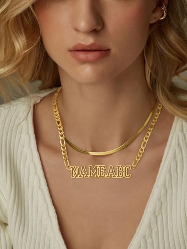 GoldChic JEWELRY Name Necklace Personalized for Men, Womens Custom Name Plate Chain, Stainless Steel Customized Old English Nameplate Choker with Curb Chains Custom, 16 inches to 30 inches - color: Figaro Chain 6 mm - Gold