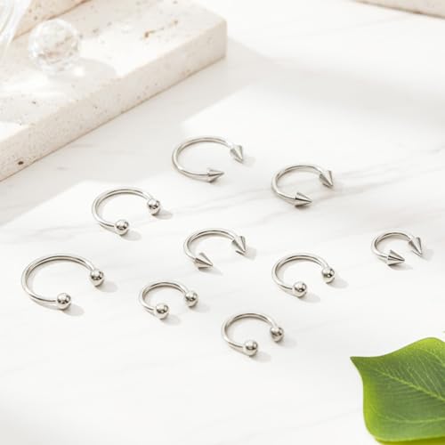 Telooco 8 Pcs 16G Septum Rings Surgical Steel Horseshoe Nose Ring Hoop Eyebrow Lip Navel Piercing Ring Earrings Septum Piercing Jewelry for Women Men 6/8/10/12mm (Black) - color: Silver