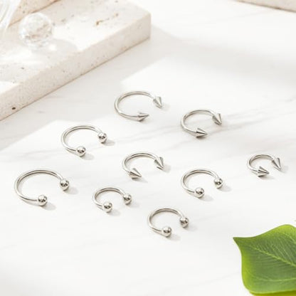 Telooco 8 Pcs 16G Septum Rings Surgical Steel Horseshoe Nose Ring Hoop Eyebrow Lip Navel Piercing Ring Earrings Septum Piercing Jewelry for Women Men 6/8/10/12mm (Black) - color: Silver