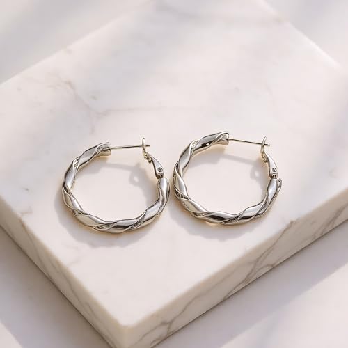 14k Gold Plated Hoop Earrings for Women, 925 Sterling Silver Posts Thick Twist Hypoallergenic Chunky Large Earrings 20mm 30mm 40mm 50mm - color: silver, size: 30mm