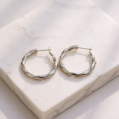 14k Gold Plated Hoop Earrings for Women, 925 Sterling Silver Posts Thick Twist Hypoallergenic Chunky Large Earrings 20mm 30mm 40mm 50mm - color: silver, size: 30mm