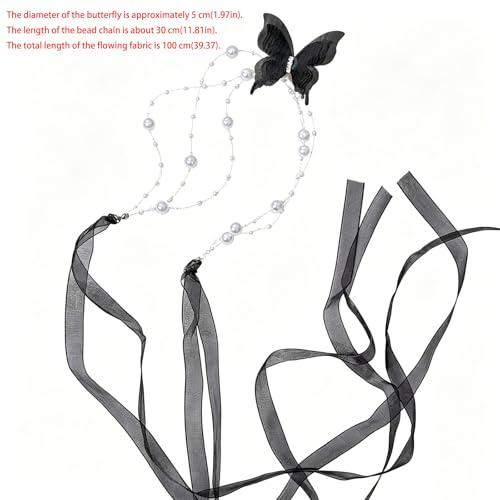 Lace Butterfly Necklace Dainty Pearl Beaded Bow Tie Ribbon Necklaces Long Elegant Lace Fairy Tassel Choker White Black Pink Blue Butterfly Choker Necklaces Cute Butterfly Jewelry Y2K Aesthetic Jewlery for Wedding Party Prom - color: Black