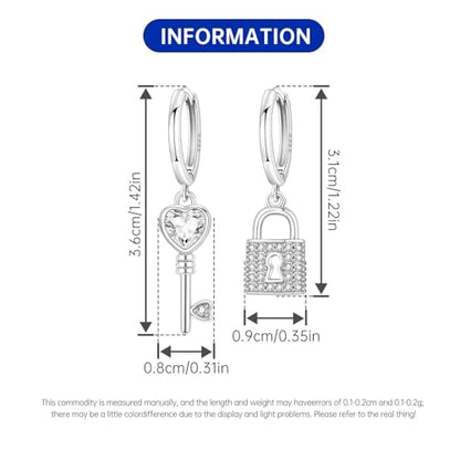 925 Sterling Silver Hoop Earrings Drop Dangle Earrings for Women Hypoallergenic Earring Trendy Huggie Earring Cute Graduation Birthday Gifts Jewelry for Women - color: Key lock earrings