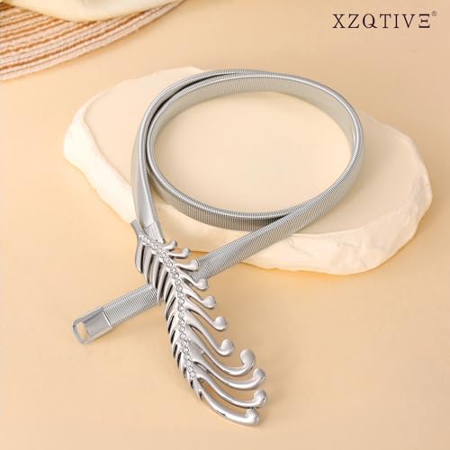 XZQTIVE 2 Pieces Women Skinny Metal Chain Waist Belt Stretchy Saree Cinch Belt for Dress Gold Sliver - color: 10 Gold, size: Fit waist 26-29 in