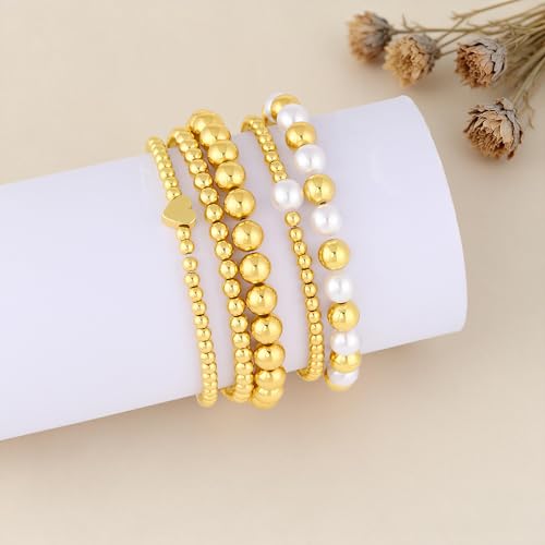 Gold Bracelets for Women 14K Gold Charm Bracelet Non Tarnish Gold Jewelry for Women Valentines Day Beaded Bracelets Stackable Bracelets