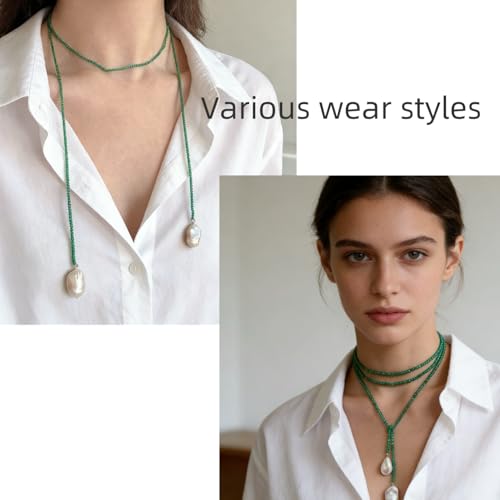 Crystal Beaded Lariat Necklace with Baroque Pearl Drops, Adjustable Y-Shaped Wrap Choker, Elegant Layered Chain Jewelry for Women Daily & Formal Wear - color: green