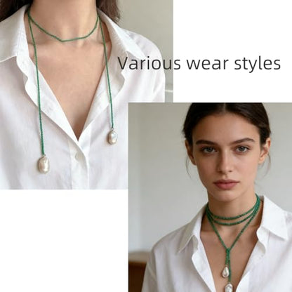 Crystal Beaded Lariat Necklace with Baroque Pearl Drops, Adjustable Y-Shaped Wrap Choker, Elegant Layered Chain Jewelry for Women Daily & Formal Wear - color: green