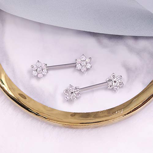14G Opal Flower CZ Nipple Barbell Nipple Ring Piercing Jewelry for Women - color: silver cz