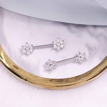 14G Opal Flower CZ Nipple Barbell Nipple Ring Piercing Jewelry for Women - color: silver cz