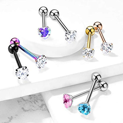 14 Gauge Prong Set Heart CZ 316L Surgical Steel Barbell Tongue Rings (Choose Color) - color: Black/Clear