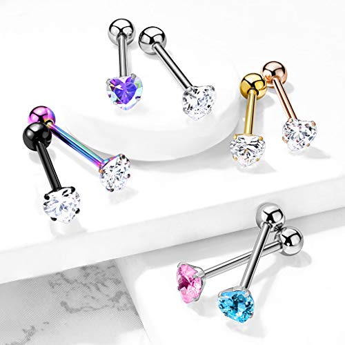14 Gauge Prong Set Heart CZ 316L Surgical Steel Barbell Tongue Rings (Choose Color) - color: Pink