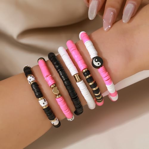 Friendship Bracelets for Women - Heishi Surfer Colorful Smile Evil Eye Clay Beaded Stretch Bracelets Elastic Layering - Stackable Boho Disc Y2K Aesthetic Summer Jewelry Set. - color: TS-5PC-hero