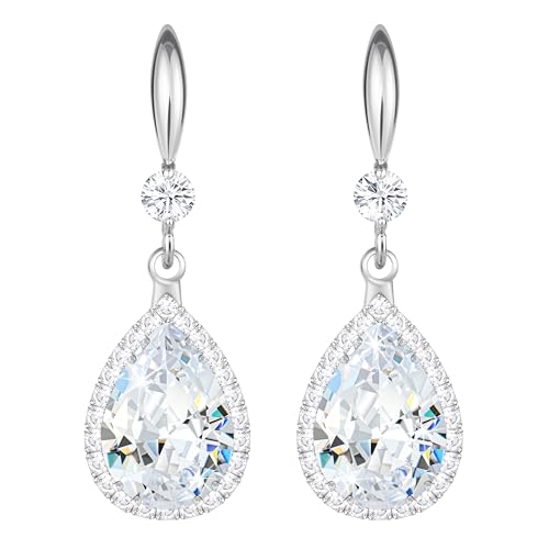 Linawe Imitation Diamond Dangle Earrings for Women Trendy, Rhinestone Drop Chandelier Earrings, Teardrop Crystal Cubic Zirconia Wedding Jewelry Set, 14K Gold/Rose Gold/Silver Tone - color: Silver,April