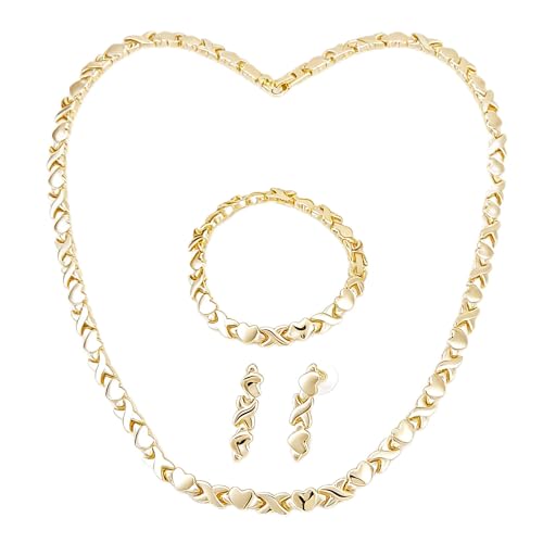 Women's Gold wedding Jewelry Set Tricolor Hugs Kisses Heart necklace set - color: Gold