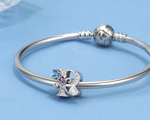 S925 Silver Butterfly Initial Letter Charms Fit for Pandora Charms Bracelets and Necklace Alphabet Bead Charms Jewelry Gifts for Women - color: P