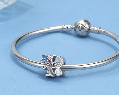 S925 Silver Butterfly Initial Letter Charms Fit for Pandora Charms Bracelets and Necklace Alphabet Bead Charms Jewelry Gifts for Women - color: P