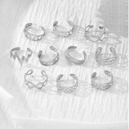 12PCS Toe Rings for Women 14K Gold/Silver Plated Adjustable Toe Ring Set Open Heart Arrow Infinity Rings Beach Foot Jewelry for Summer - color: Silver2
