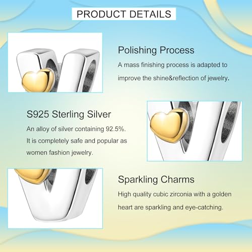 Two-Tone Gold Heart S925 Silver Letter Charm Fits Pandora Bracelet Necklace | Initial Bead Two-Tone Gold Heart, DIY European Bracelet Accessory, Gift for Ladies Birthday Anniversary Valentine - style: V