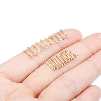 Hoeudjo Nose Studs Surgical Steel Cubic Zirconia Nose Rings Kit for Women Men Tiny Nose Stud Screw & Bone & L Shaped Nostril Piercing Jewelry 24-18 Gauge 20 Pieces Set - color: gold-tone,nose bone studs, size: 22g/2.0mm clear CZ