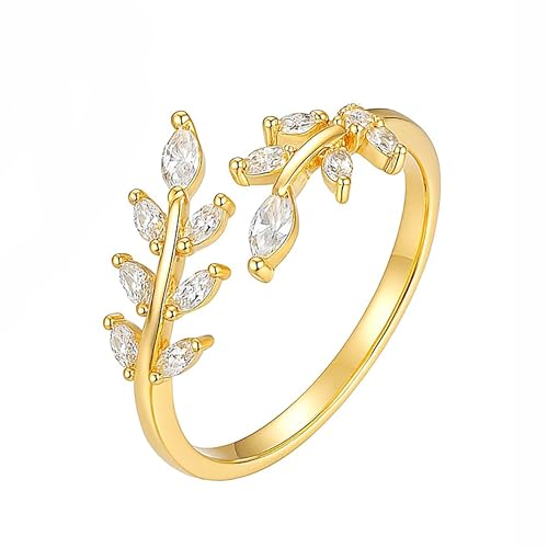 Olive Leaf Rings for Women, Spiritual Meditation Jewelry with Energy Flow Design, 18K Gold Plated Japanese Brass and Asfour Crystal Vine Ring, Symbol of Balance & Inner Harmony - color: Gold plating