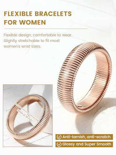 KeyStyle Bangle Bracelets For Women, Stainless Steel Stretch Bracelet Wide | 14K Gold/Rose Gold/Black/Silver Plated Flexible Wide Twisted Link Chain Wristband Jewelry, 10Mm, 16Mm, 20Mm - color: 20mm - Rose Gold